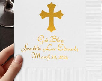 Personalized Gold Cross Napkins, First Communion, Christening, Cocktail Napkins