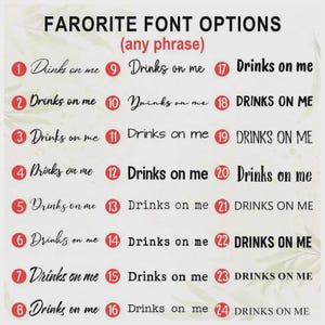 May include: A white background displays font options for the phrase "Drinks on me." The text is presented in various styles, numbered 1-24, with the title "FARORITE FONT OPTIONS (any phrase)" at the top. The fonts range from cursive to bold.
