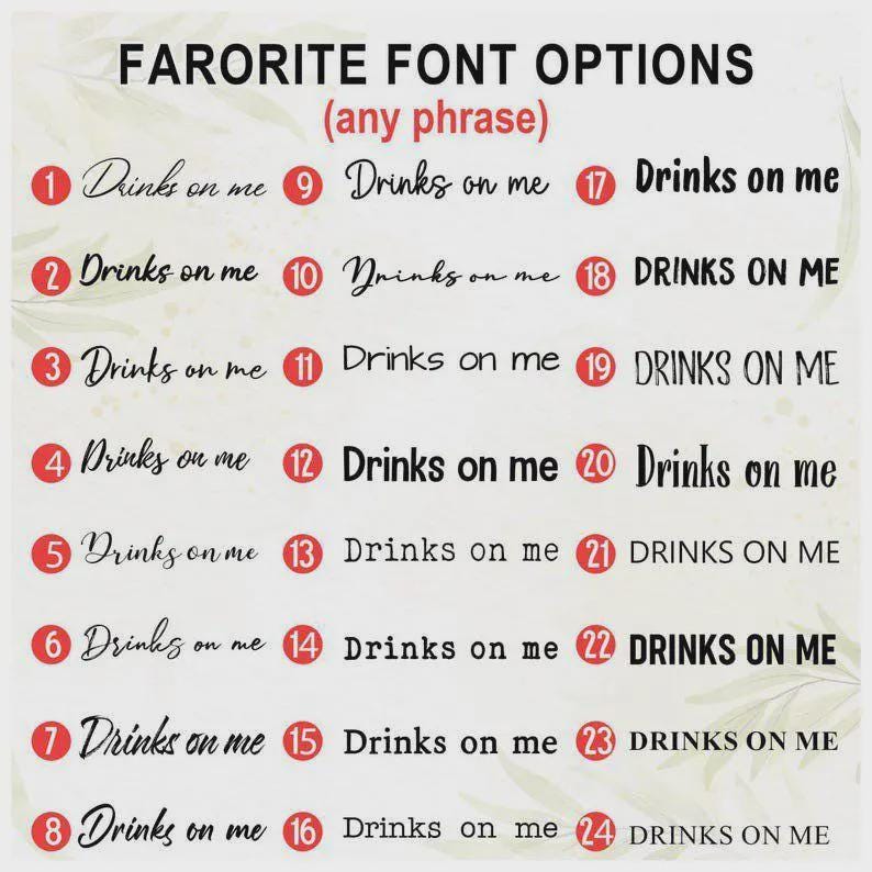May include: A white background displays font options for the phrase "Drinks on me." The text is presented in various styles, numbered 1-24, with the title "FARORITE FONT OPTIONS (any phrase)" at the top. The fonts range from cursive to bold.