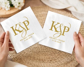 Personalized Wedding Napkins – Gold Initial Monogram, Custom Reception Decor