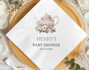 Custom Tea Party Baby Shower Napkins Personalized Baby Shower Decorations Teapot Floral Paper Napkins Coquette Party Supplies Gift
