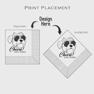 May include: Diagram showing print placement options for a design. The design features a dog wearing sunglasses with the text "Cheers! Love, Tucker." The design can be placed on a square or diamond shape.