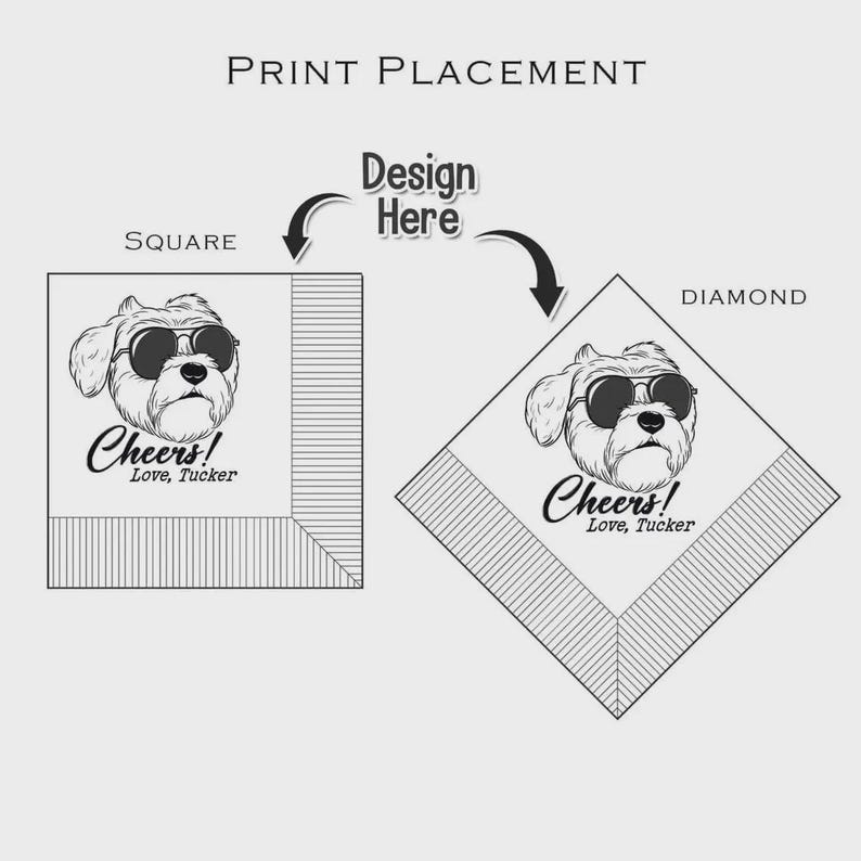May include: Diagram showing print placement options for a design. The design features a dog wearing sunglasses with the text "Cheers! Love, Tucker." The design can be placed on a square or diamond shape.