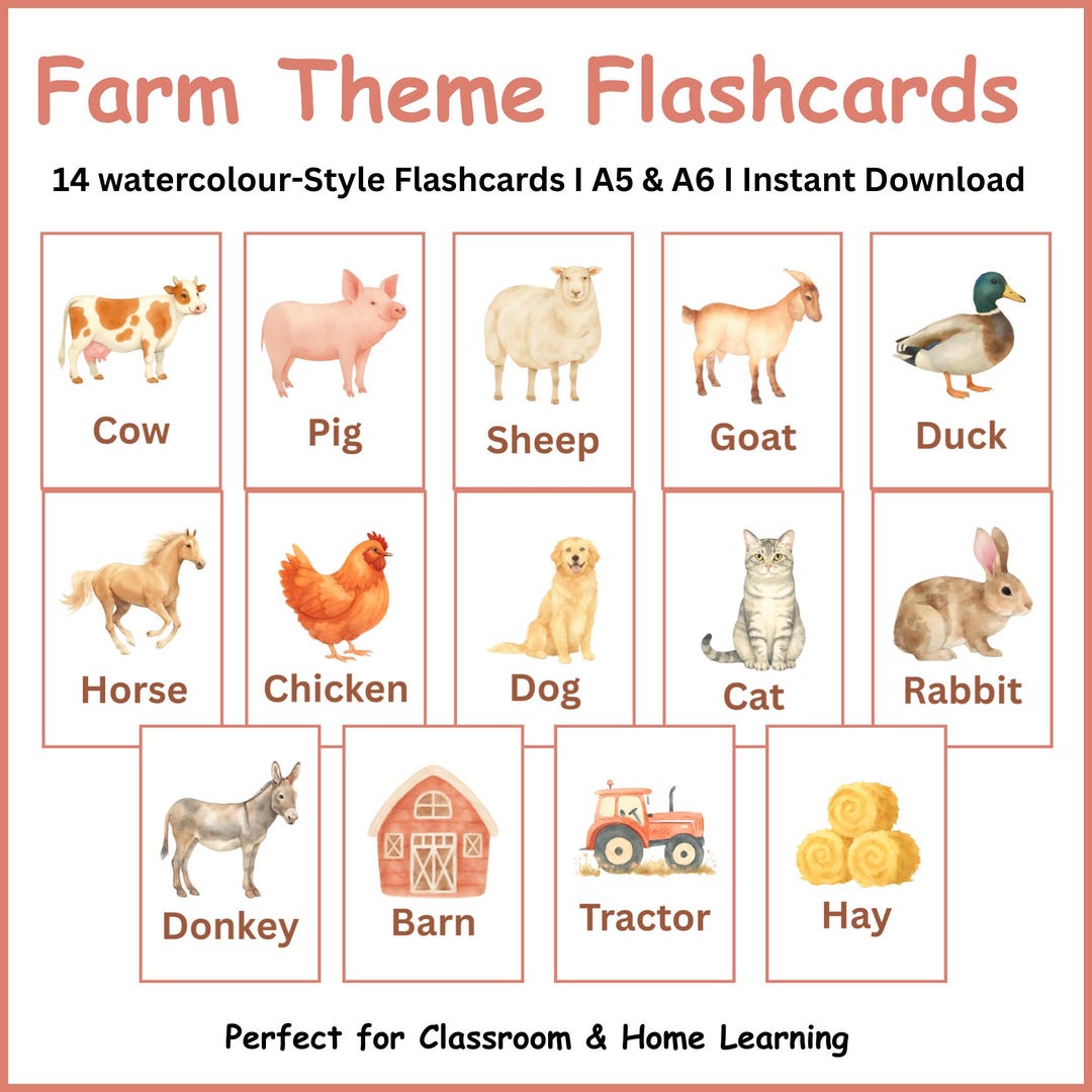 Farm Animals Flashcards Printable for Preschool | Watercolour ...