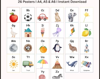 Watercolor Alphabet Posters A-Z | Classroom Wall Decor (Instant Download)