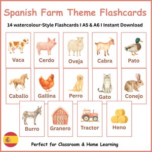 Spanish Farm Flashcards | Farm Animals in Spanish Printable | Granja en Español Vocabulary Cards | Preschool Learning | A5 A6 PDF