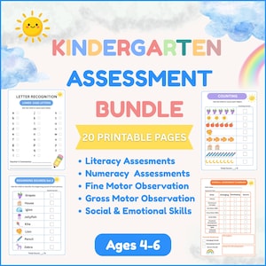 May include: A kindergarten assessment bundle featuring 20 printable pages for literacy, numeracy, fine motor, gross motor, and social-emotional skills. The document includes letter recognition, counting, and beginning sounds worksheets for ages 4-6.
