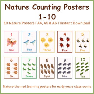 Op de afbeelding: Een set van tien natuurthema telposters, elk met een ander nummer van één tot tien. De posters tonen kleurrijke illustraties van vlinders, vogels, bloemen, lieveheersbeestjes, bijen, slakken, libellen, uilen, egels en bladeren.