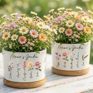 カスタム誕生花多肉植物プランターポット、ママへのパーソナライズされたガーデンポット、母の日のプレゼント、おばあちゃんへの植木鉢、誕生日プレゼント