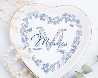 Personalized Blue Toile Initial Ring Dish,Blue Floral Monogram Trinket Dish,Girly Jewelry Dish,Gift for Her,Elegant Gift for Her