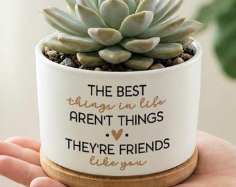 Succulent Planter Pot Friendship Quote, Ceramic Planter with Wooden Base, best friend gift,housewarming gift,office desk decor
