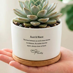 May include: A white ceramic succulent pot with a bamboo base, featuring a light green succulent. The pot has the text "Aunt & Niece" and a quote. The pot is held in a person's hand.
