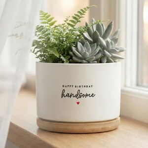 May include: A white ceramic planter with the text "HAPPY BIRTHDAY handsome" and a small red heart. The planter holds a variety of green plants, including succulents and ferns. It sits on a wooden base, placed on a wooden windowsill.