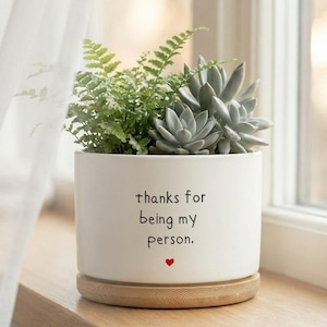 Puede incluir: Maceta de cerámica blanca con base de madera, llena de suculentas y helechos verdes. La maceta tiene el texto "thanks for being my person" con un pequeño corazón rojo. Se encuentra en un alféizar de madera.
