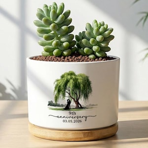 May include: A white ceramic plant pot with a wooden base, holding a green succulent. The pot is decorated with a willow tree illustration and the text "9th anniversary 03.05.2026".