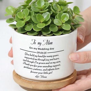 May include: A white ceramic pot with a green succulent plant, on a round wooden coaster. The pot is inscribed with "To my Mom" and a message. A lovely gift for a wedding or Mother's Day, with a diameter of approximately 10 cm.