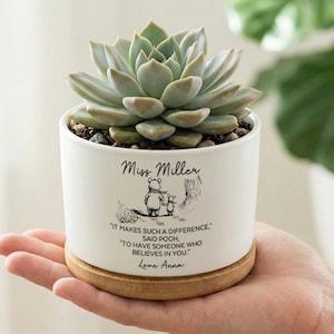 May include: A white ceramic planter with a succulent plant, resting on a bamboo coaster. The planter has a Winnie the Pooh illustration and the text "Miss Miller" and a quote. The succulent is light green.