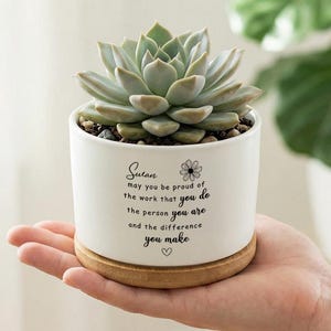 Puede incluir: Una maceta de cerámica blanca con base de madera, que contiene una planta suculenta verde. La maceta tiene el texto "Susan may you be proud of the work that you do the person you are and the difference you make."