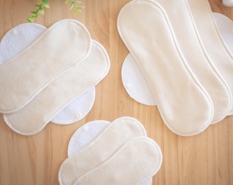 Reusable Cloth Menstrual Pads Set 'Unbleached Organic Cotton & Bamboo', Leakproof Washable Sanitary Towels for Period Flow, Incontinence