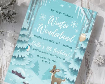 Winter Wonderland uitnodiging canvas sjabloon, bewerkbare sneeuwvlok feestuitnodiging, bevroren verjaardag digitale download, bosrijke verjaardag