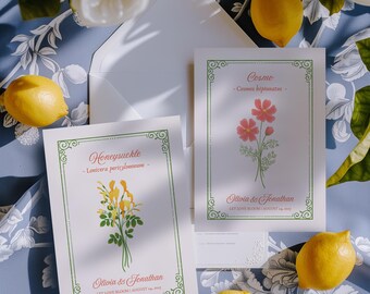 Tarjetas de boda vintage con flores silvestres, juego de letreros botánicos editables, tarjetas florales para despedida de soltera, tarjetas de boda con motivos florales de jardín primaveral