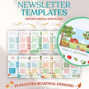 May include: A collection of 12 months of newsletter templates with seasonal designs, featuring text headers for each month from January to December, including an extra seasonal design set and a circular inset showing a farm scene with a red barn.