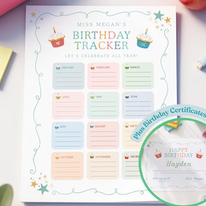 May include: A white paper birthday tracker titled Miss Megan's Birthday Tracker with twelve pastel-colored monthly boxes, cupcake illustrations, and a circular inset showing a Happy Birthday certificate for Hayden with a February 4th date.
