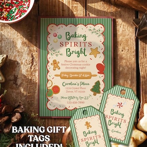 Pode incluir: Um convite e etiquetas de presente com tema de Natal com o texto "Baking Spirits Bright". O convite apresenta um fundo listrado verde e branco com ilustrações de biscoitos. As etiquetas de presente têm um fundo listrado verde e um homem de gengibre.