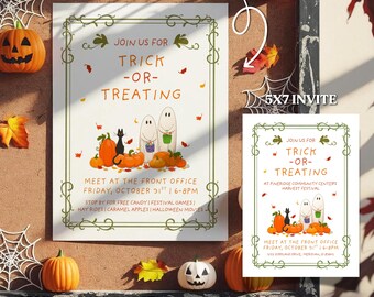 May include: Halloween-themed flyer and invitation with the text "Join us for Trick-or-Treating." The flyer features pumpkins, ghosts, and a black cat. The invitation is 5x7 inches, and the flyer is 8.5x11 inches.