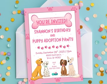 Plantilla editable de invitación para fiesta de adopción de cachorros. Invitación para fiesta de perros. Invitación para adopción de cachorros. Fiesta de cachorros. Perro editable. Cumpleaños de niña pequeña. Rosa.
