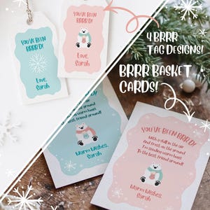 May include: Four winter-themed gift tag and card designs. The tags and cards feature a polar bear with a scarf, snowflakes, and the text "You've Been Brrrd!" and "Warm Wishes, Sarah."