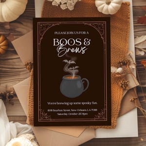 Invitación a fiesta de Halloween &quot;Boos and Brews&quot; (Boos y cervezas) - Plantilla digital editable de Canva para otoño / Invitación espeluznante de brujas y murciélagos - Descarga instantánea