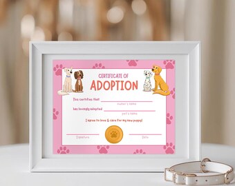 Welpen Adoption Zertifikat Canva Vorlage Druckbare bearbeitbare Hunde Themed Zertifikat für Kinder Sofort-Download Mädchen Geburtstag Zertifikat