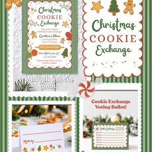 May include: A festive Christmas Cookie Exchange invitation with a green and white striped background. The invitation includes text, gingerbread men, and Christmas tree illustrations. Also included are cookie labels and a voting ballot.
