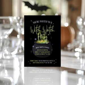 Einladungsvorlage für eine Halloween-Hexen-Filmparty | Bearbeitbare Canva-Einladung für einen Halloween-Filmabend | Gruselige Einladung für eine Mädelsnacht