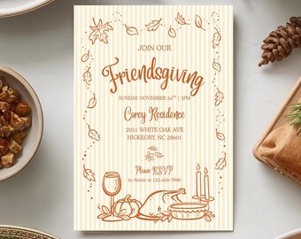 Friendsgiving Abendessen Einladung | Handgezeichnete Herbst Digital Einladen | Bearbeitbare Thanksgiving-Party-Vorlage | Sofortiger Download Boho Leinwand Einladen