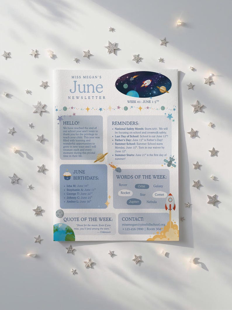 Space Newsletter Examples June Classroom Newsletter Canva Template | Editable Teacher Space ...