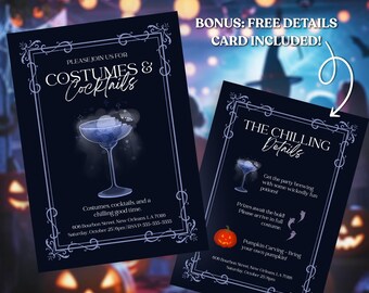 Halloween-Kostüme & Cocktails Einladungsvorlage, bearbeitbare elegante Boos und Alkohol Party einladen, druckbare gruselige Einladung, sofortiger Download