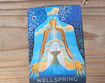 以下が含まれることがあります： 下部に「WELLSPRING」の文字が入った長方形のカード。カードは、白と青の円が描かれた青色の背景が特徴です。画像は、オレンジ色の腕と白い滝を持つ人物を描いています。