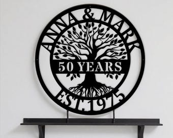 Persoonlijk cadeau voor het 50-jarig jubileum van ouders, metalen bord met Levensboom-motief, wanddecoratie met familienaam, jubileumdecoratie voor buiten.