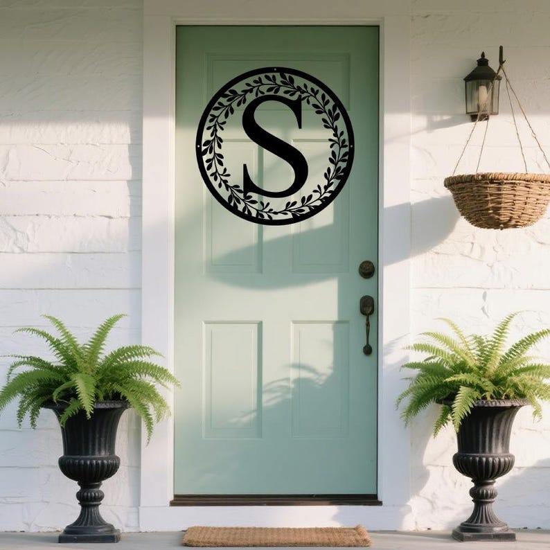 Flanked Letter Metal Circle Letter Monogram With Vines, Wall Monogram Sign , Couples ...