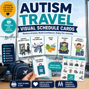 May include: A set of Autism Travel visual schedule cards with illustrations for airport security, boarding, snack time, seatbelts, and arrival. The cards are designed to reduce anxiety and build confidence. Includes a blue travel bag and a water bottle.
