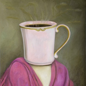 May include: A pink coffee mug with a gold rim and handle, filled with coffee and steam rising from it. The mug is positioned as if it is a person's head, with a pink robe draped over the shoulders.