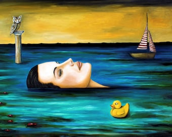 May include: A surreal painting of a woman's head floating in a blue body of water. A yellow rubber ducky floats in the water. A sailboat with red and white stripes sails in the distance. An owl perched on a column is in the upper left corner of the painting.