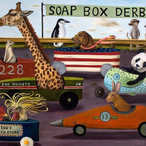 May include: A colorful illustration of a soapbox derby race with various animals driving cars. A giraffe drives a green car with the number "04" on it, a penguin drives a red, white, and blue car, a dog drives a car with an American flag design, a panda drives a blue and green fish-shaped car with the words "Ice Man" on it, a rabbit drives an orange car with the number "13" on it, and two chickens drive a blue car with the words "Bob's Feed Store" on it.