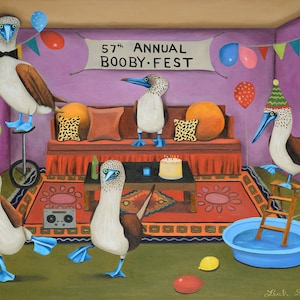 May include: A painting of a party with blue-footed boobies. The boobies are wearing party hats and are celebrating the 57th Annual Booby Fest. There are balloons, a cake, a pool, and a ladder in the painting.