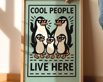 Cool Penguin Family Poster DIGITAL DOWNLOAD, Funny Animal Wall Art, Sunglasses Penguin Entryway Poster, Cute Animals Housewarming Gift