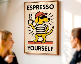 Lámina artística con un divertido perro cafetero, decoración con juego de palabras sobre el espresso (descarga digital)