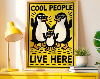 Cool Penguin Family Poster DIGITAL DOWNLOAD, Funny Animal Wall Art, Sunglasses Penguins Printable, Cute Home Decor, Housewarming Gift Poster