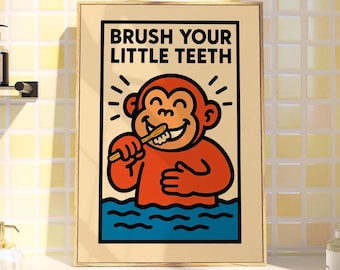 Funny Monkey Brushing Teeth Poster DIGITAL DOWNLOAD, Brush Your Little Teeth Wall Art, Kids Bathroom Printable, Colorful Animal Decor